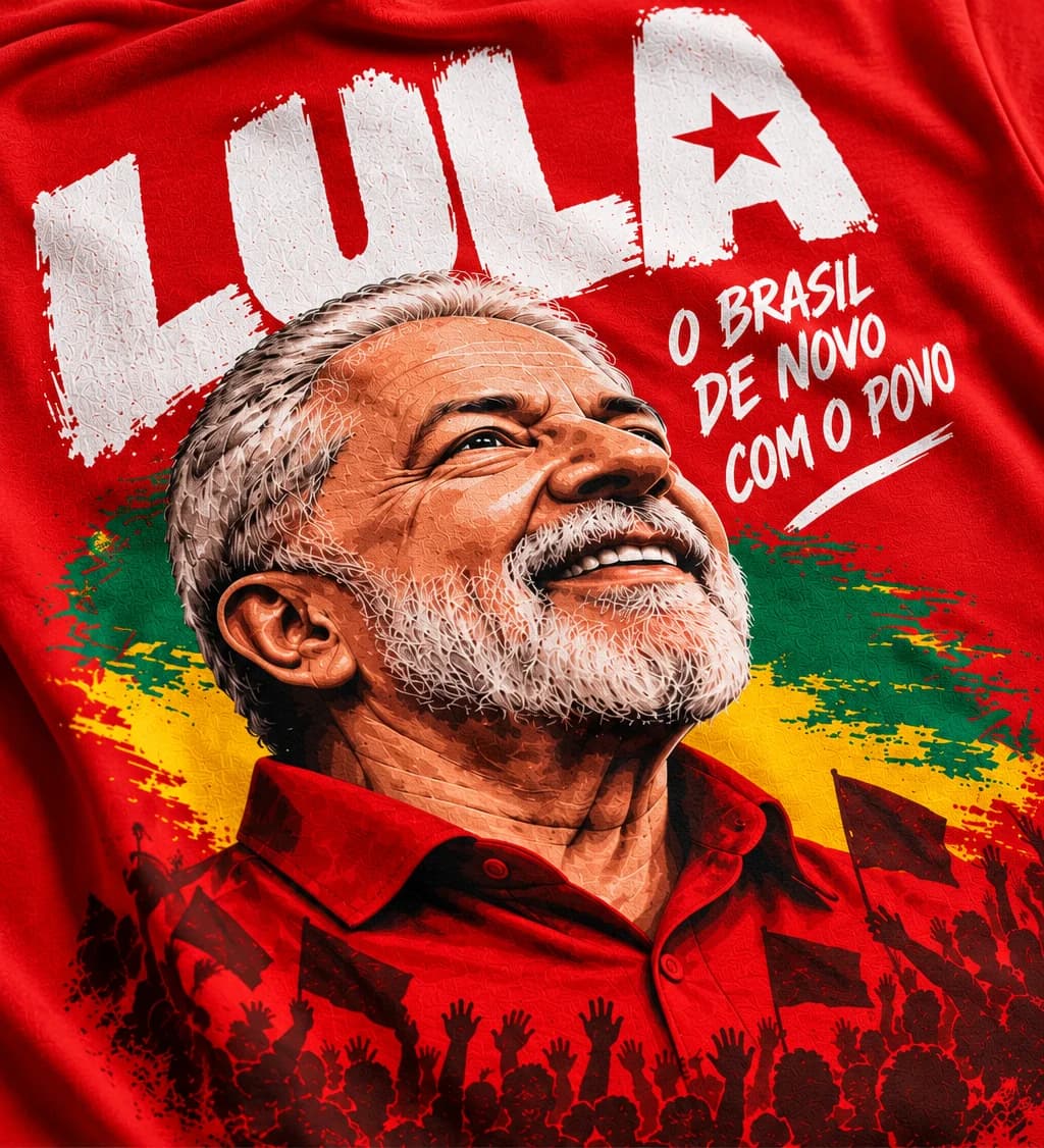 Close da estampa frontal Lula e dos elementos gráficos em verde e amarelo sobre o tecido vermelho.
