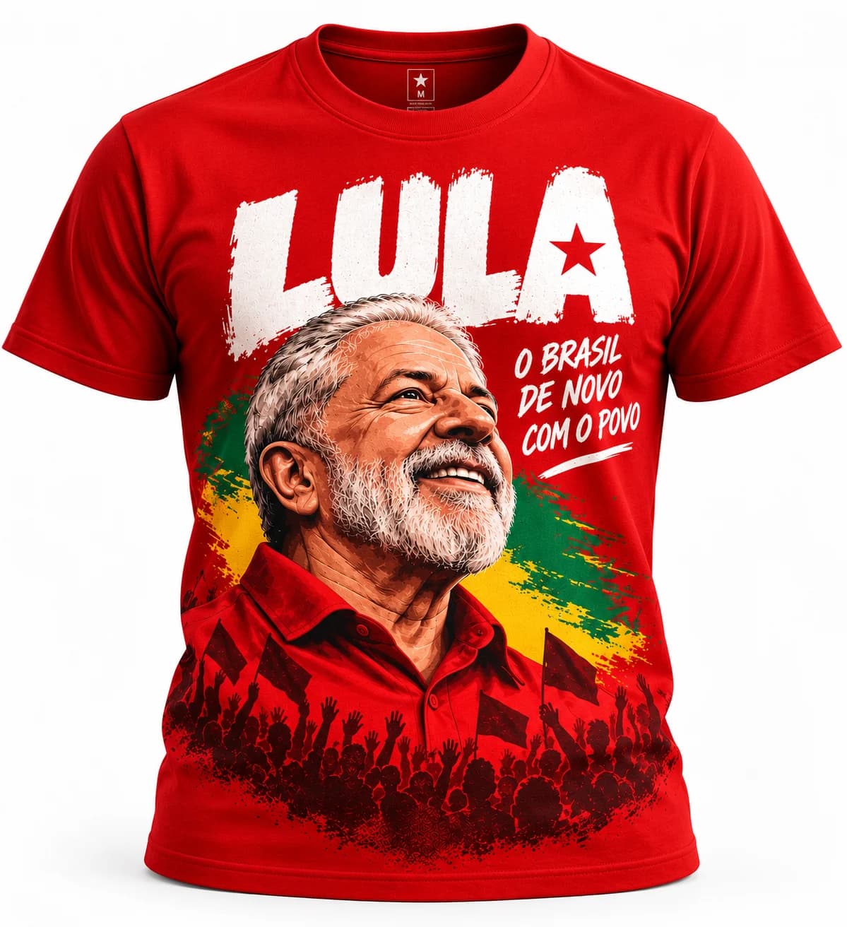 Vista frontal da camiseta vermelha Somos Todos PT com estampa Lula e a frase O Brasil de Novo com o Povo.